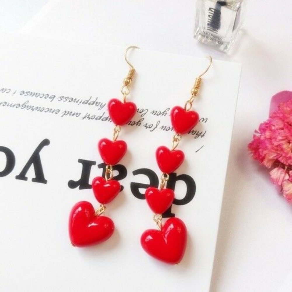 Gold Red Heart Love Romantic Long Drop Earrings